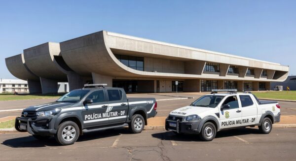 Escola pública em Brasília com viaturas da Polícia Militar do DF estacionadas na frente.