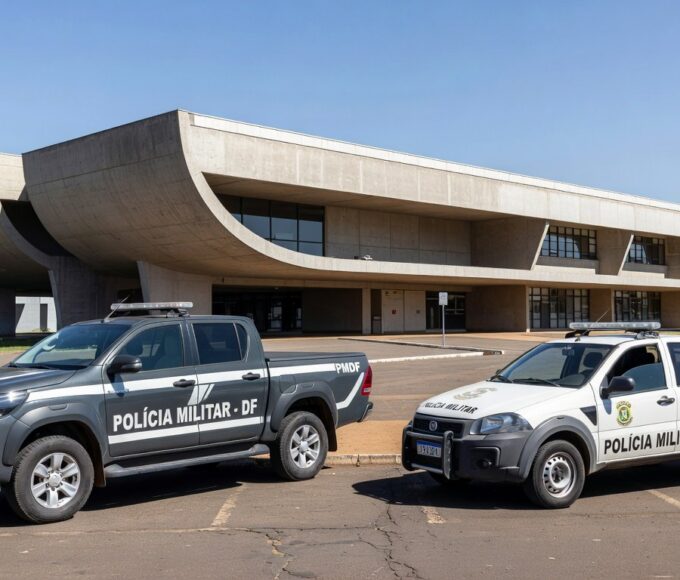 Escola pública em Brasília com viaturas da Polícia Militar do DF estacionadas na frente.