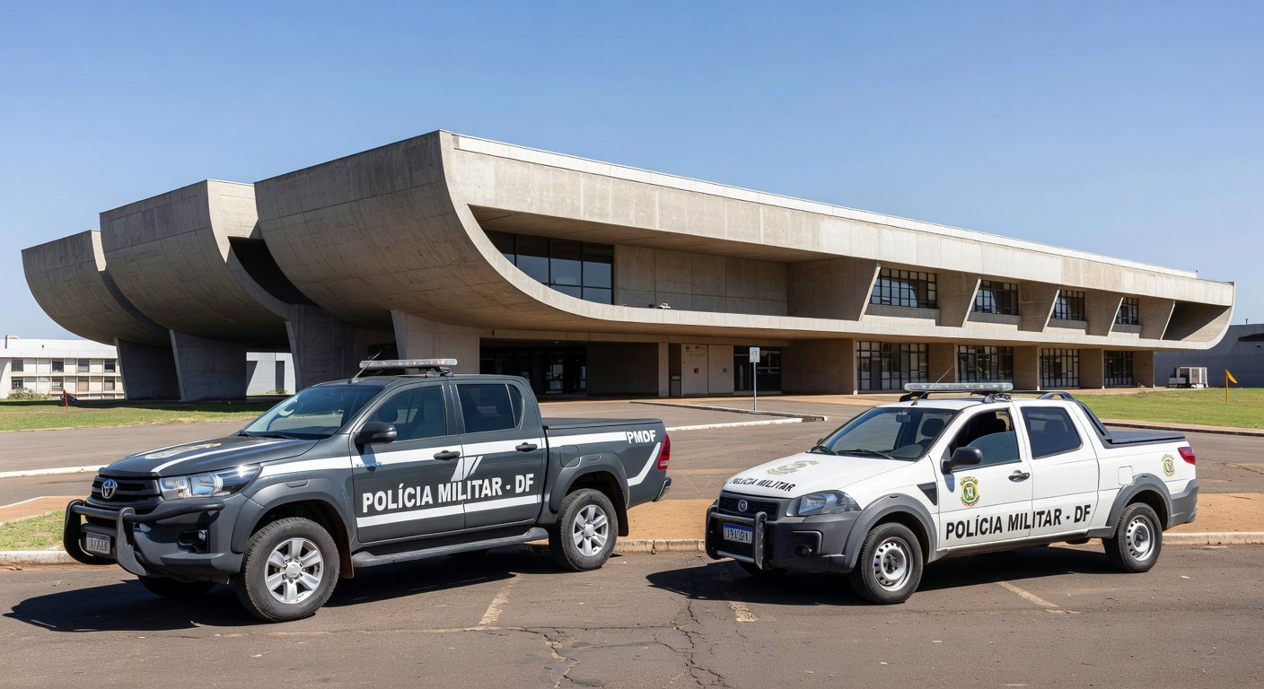 Escola pública em Brasília com viaturas da Polícia Militar do DF estacionadas na frente.