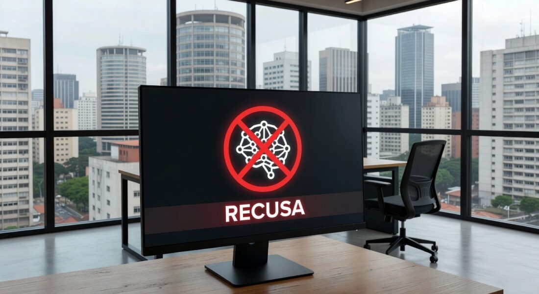 Tela de computador com alerta de IA recusando geração de artigo por risco de fake news em escritório brasileiro.