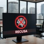 Tela de computador com alerta de IA recusando geração de artigo por risco de fake news em escritório brasileiro.