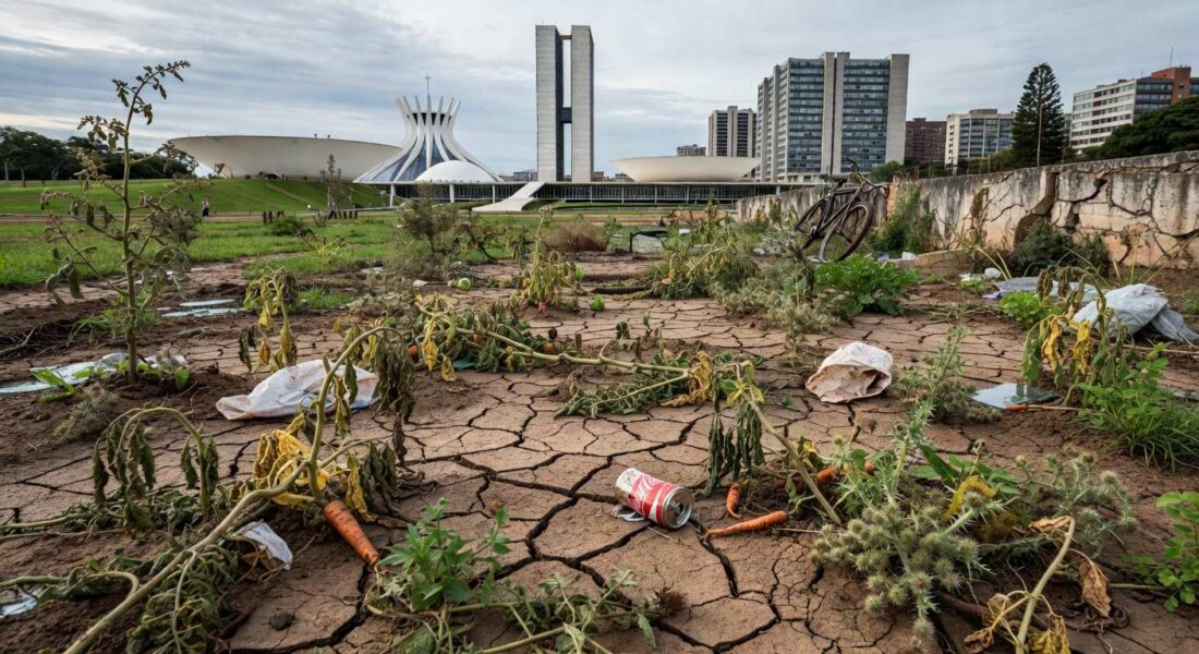 Horta urbana abandonada em Brasília, com plantas secas e lixo, destacando negligência na agricultura do DF.