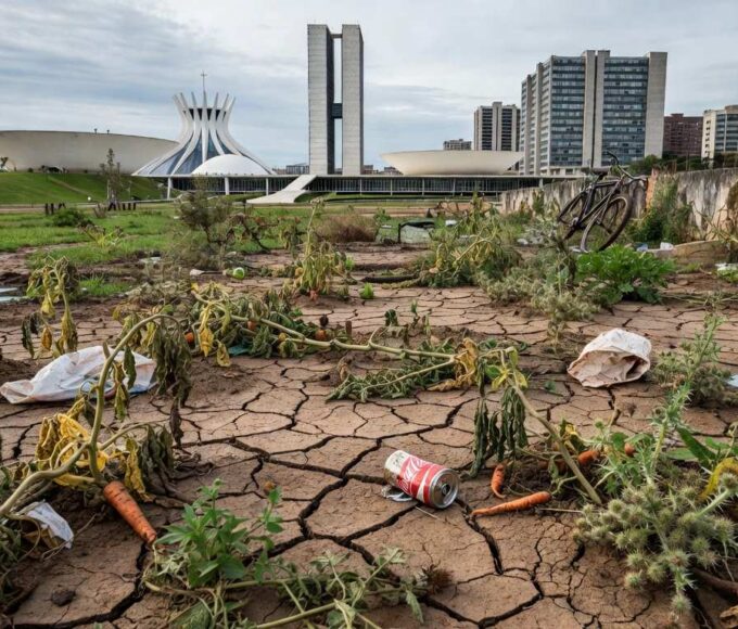 Horta urbana abandonada em Brasília, com plantas secas e lixo, destacando negligência na agricultura do DF.
