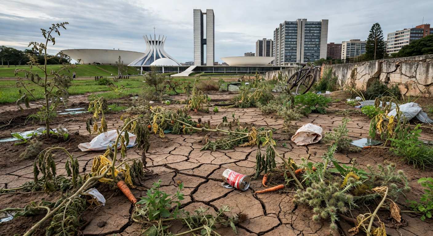 Horta urbana abandonada em Brasília, com plantas secas e lixo, destacando negligência na agricultura do DF.
