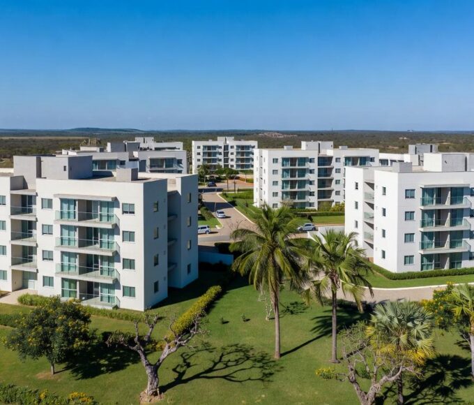 Conjunto de apartamentos novos no Itapoã Parque, DF, representando entrega de moradias para famílias.