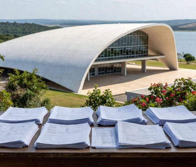 Mesa com pilhas de documentos e relógio em escritório público de Brasília, representando burocracia e prazos apertados para inscrições no conselho da Caesb.