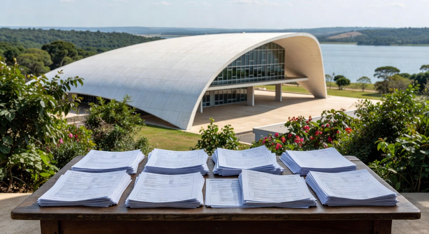 Mesa com pilhas de documentos e relógio em escritório público de Brasília, representando burocracia e prazos apertados para inscrições no conselho da Caesb.