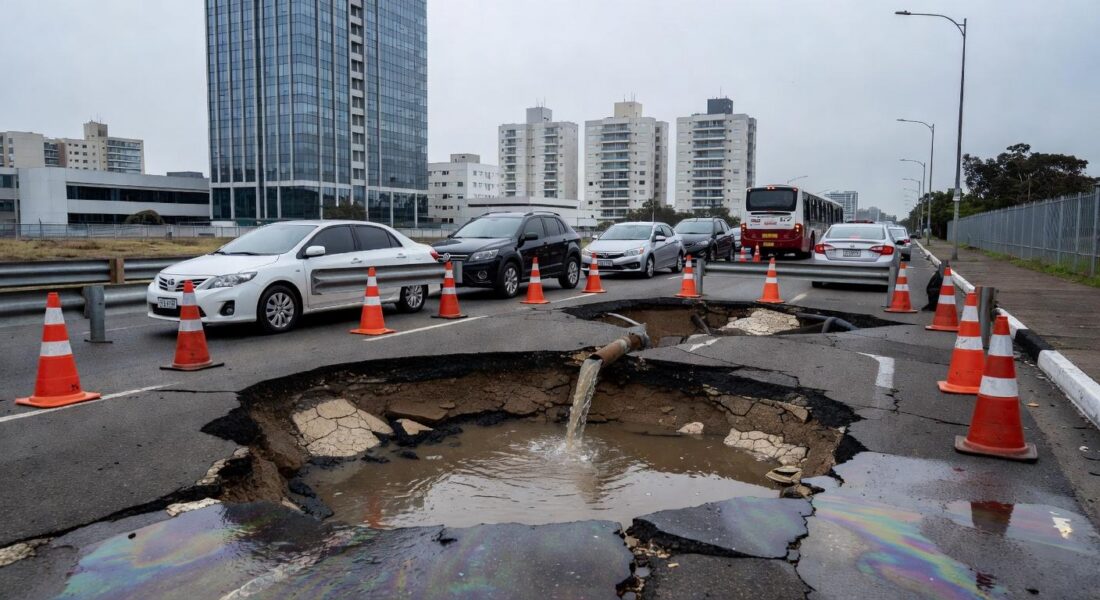 Crateras no asfalto de rua em Águas Claras (DF) devido a rompimento de tubulação de esgoto, com tráfego paralisado e sinalizações.
