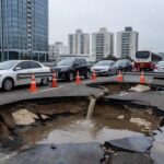 Crateras no asfalto de rua em Águas Claras (DF) devido a rompimento de tubulação de esgoto, com tráfego paralisado e sinalizações.