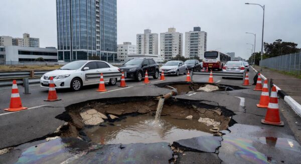 Crateras no asfalto de rua em Águas Claras (DF) devido a rompimento de tubulação de esgoto, com tráfego paralisado e sinalizações.
