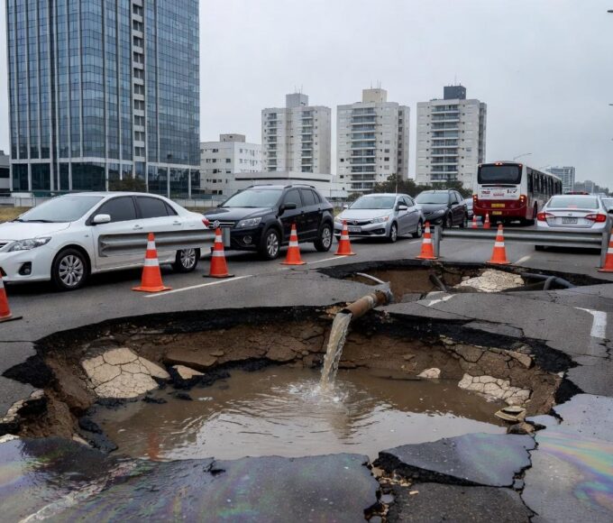 Crateras no asfalto de rua em Águas Claras (DF) devido a rompimento de tubulação de esgoto, com tráfego paralisado e sinalizações.