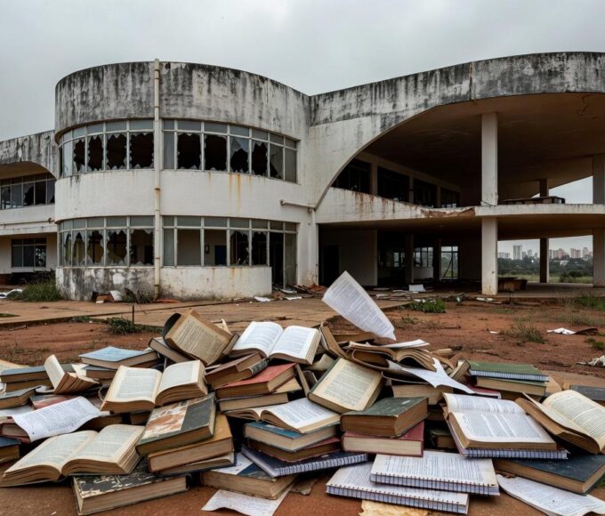 Escola pública deteriorada em Brasília, representando crise educacional no DF durante abertura de inscrições para Prêmio Paulo Freire pela CLDF.