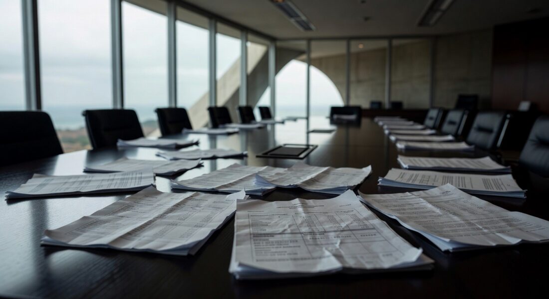 Documentos financeiros em mesa de reunião na CLDF, pressionando BRB por transparência em meio a suspeitas de irregularidades.