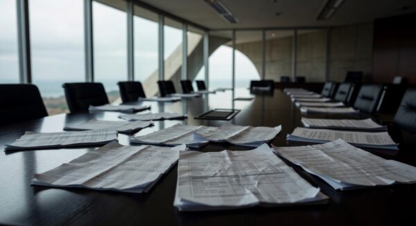 Documentos financeiros em mesa de reunião na CLDF, pressionando BRB por transparência em meio a suspeitas de irregularidades.