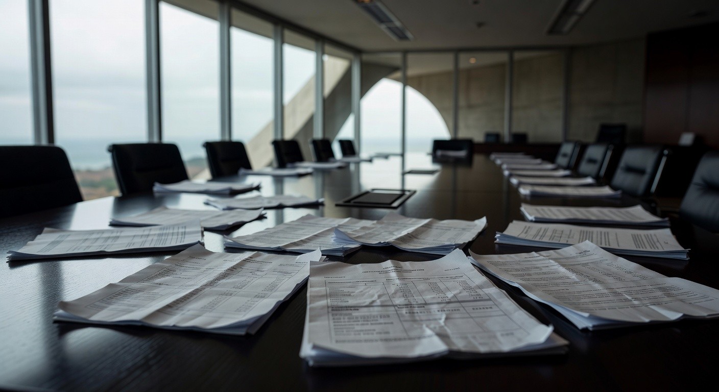 Documentos financeiros em mesa de reunião na CLDF, pressionando BRB por transparência em meio a suspeitas de irregularidades.