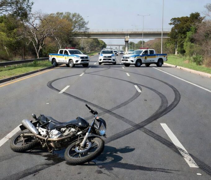 Cena de acidente na Epia em Brasília com moto danificada e viaturas policiais, representando tragédia com motociclista.