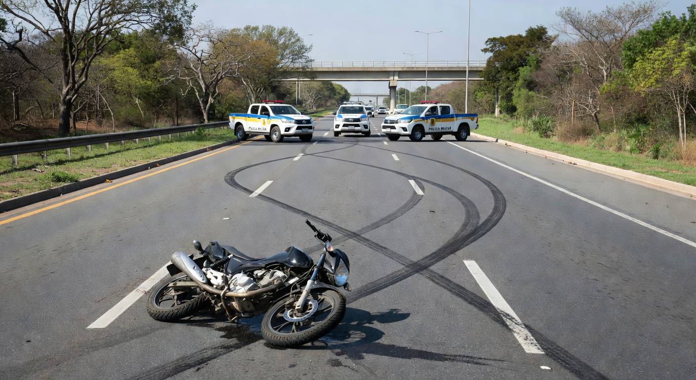 Cena de acidente na Epia em Brasília com moto danificada e viaturas policiais, representando tragédia com motociclista.