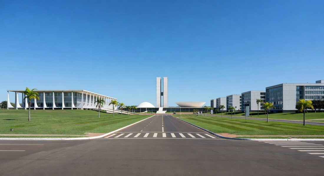 Rua tranquila em Brasília com arquitetura do Distrito Federal, simbolizando baixa taxa de homicídios.