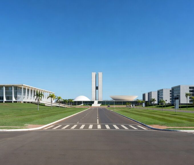 Rua tranquila em Brasília com arquitetura do Distrito Federal, simbolizando baixa taxa de homicídios.