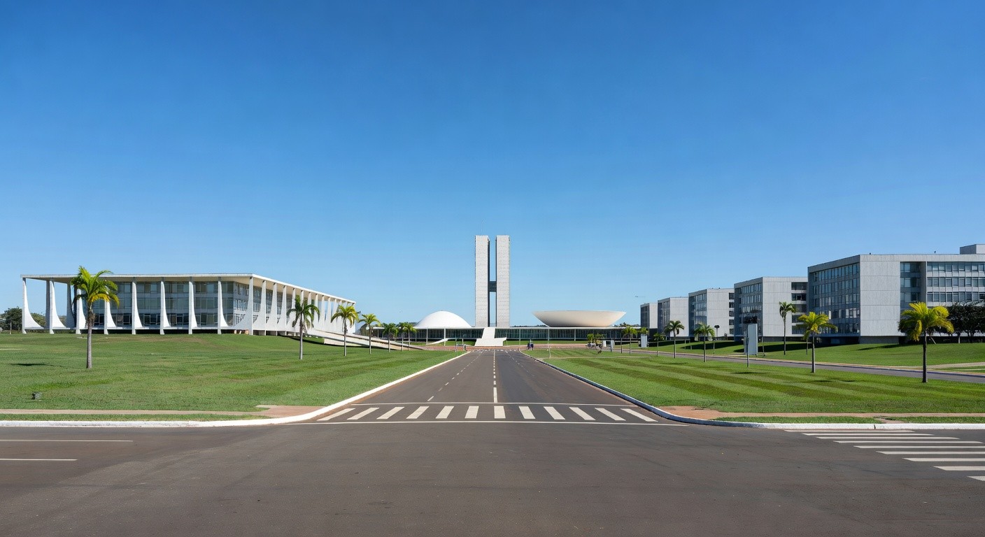 Rua tranquila em Brasília com arquitetura do Distrito Federal, simbolizando baixa taxa de homicídios.