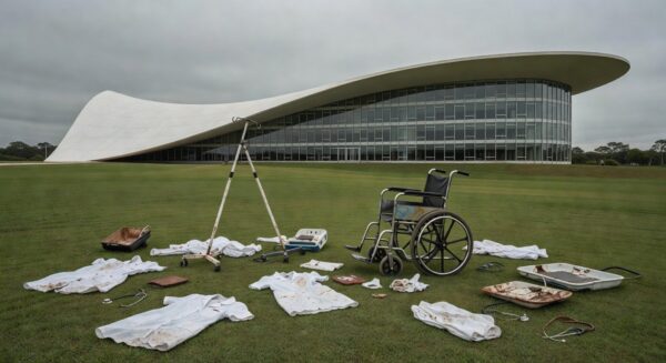 Edifício da CLDF em Brasília com símbolos de enfermagem abandonados, expondo precariedade dos enfermeiros em 45 anos de lutas.