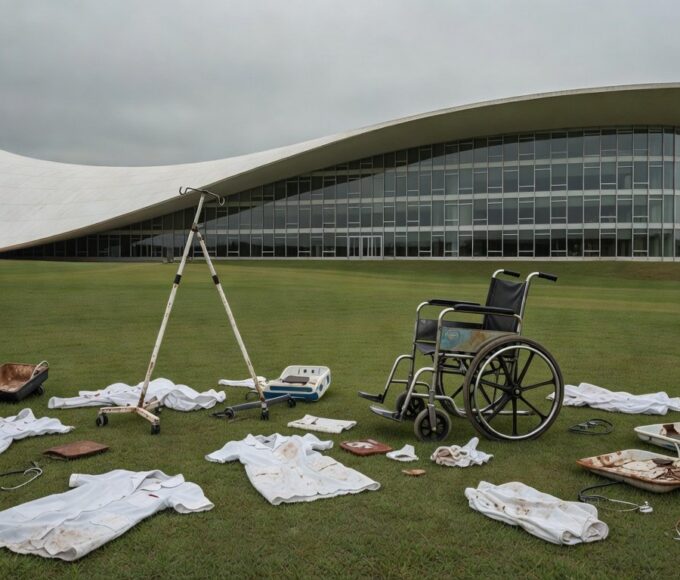 Edifício da CLDF em Brasília com símbolos de enfermagem abandonados, expondo precariedade dos enfermeiros em 45 anos de lutas.