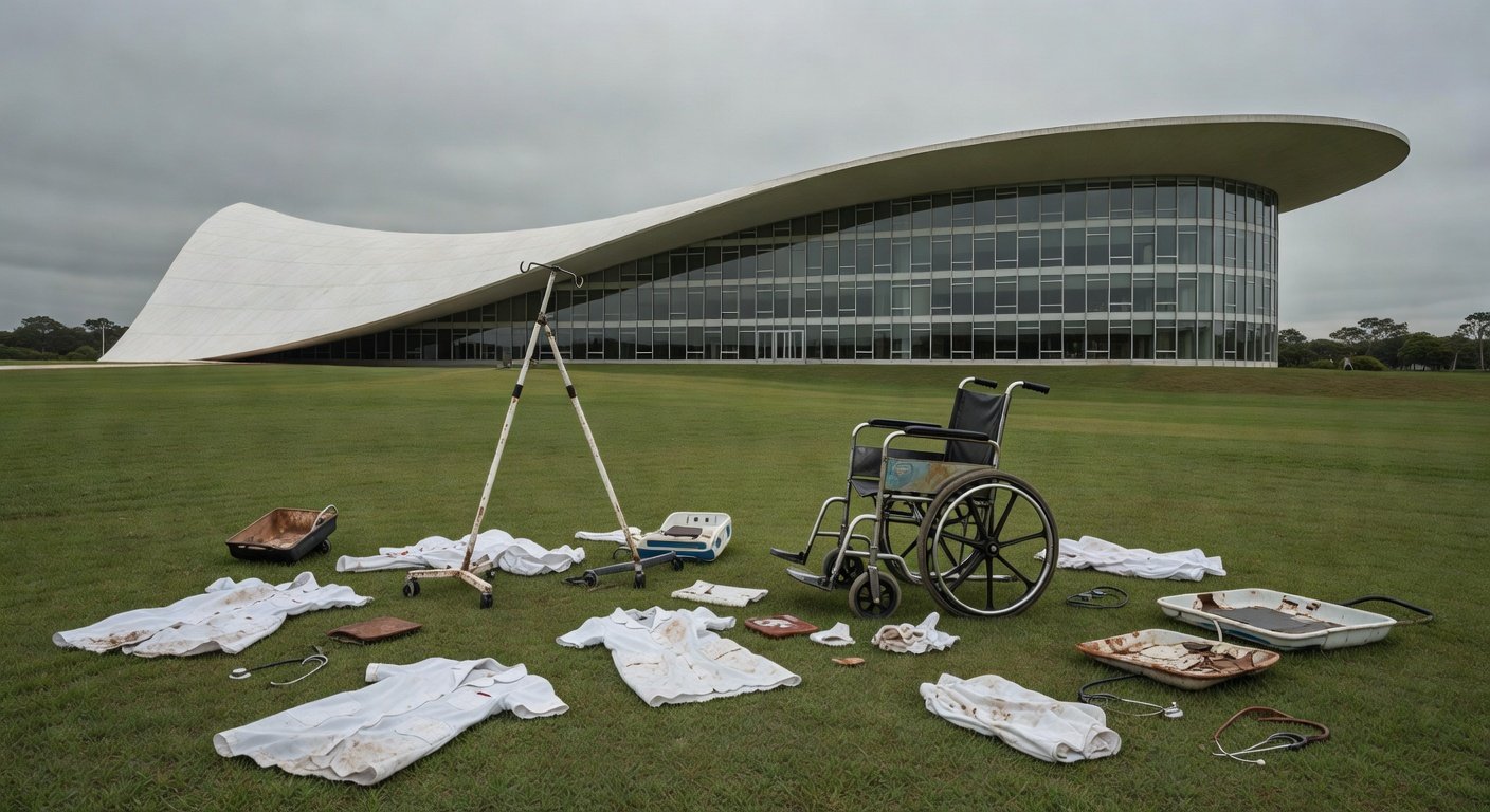 Edifício da CLDF em Brasília com símbolos de enfermagem abandonados, expondo precariedade dos enfermeiros em 45 anos de lutas.