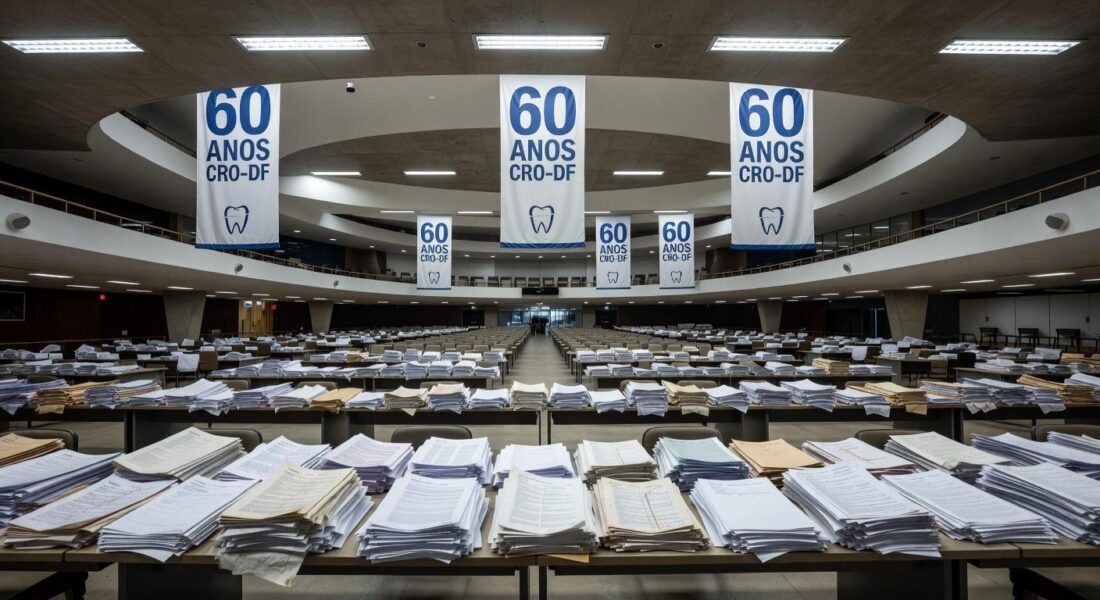 Auditório vazio na CLDF com banners dos 60 anos do CRO-DF e documentos ignorados de odontólogos, representando negligência.