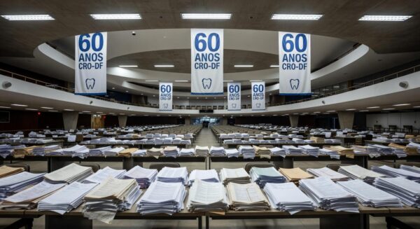 Auditório vazio na CLDF com banners dos 60 anos do CRO-DF e documentos ignorados de odontólogos, representando negligência.