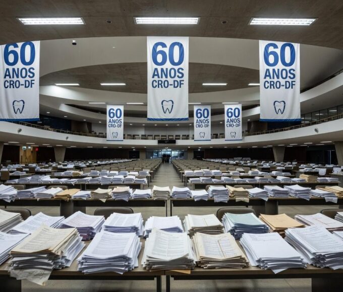 Auditório vazio na CLDF com banners dos 60 anos do CRO-DF e documentos ignorados de odontólogos, representando negligência.