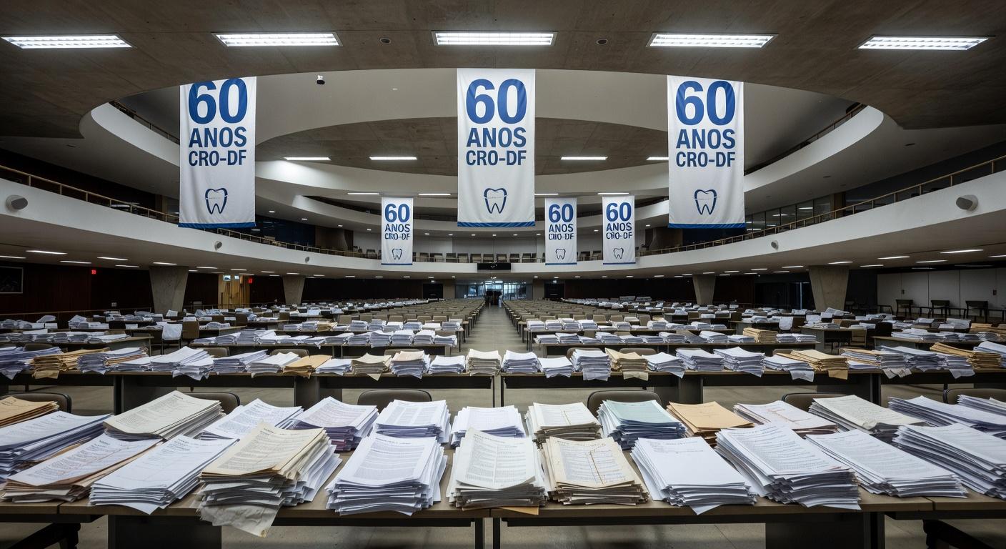 Auditório vazio na CLDF com banners dos 60 anos do CRO-DF e documentos ignorados de odontólogos, representando negligência.