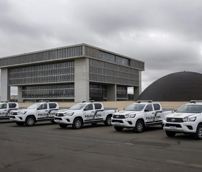 Viaturas da Polícia Civil do DF em frente à Câmara Legislativa, denunciando falhas na Previdência.