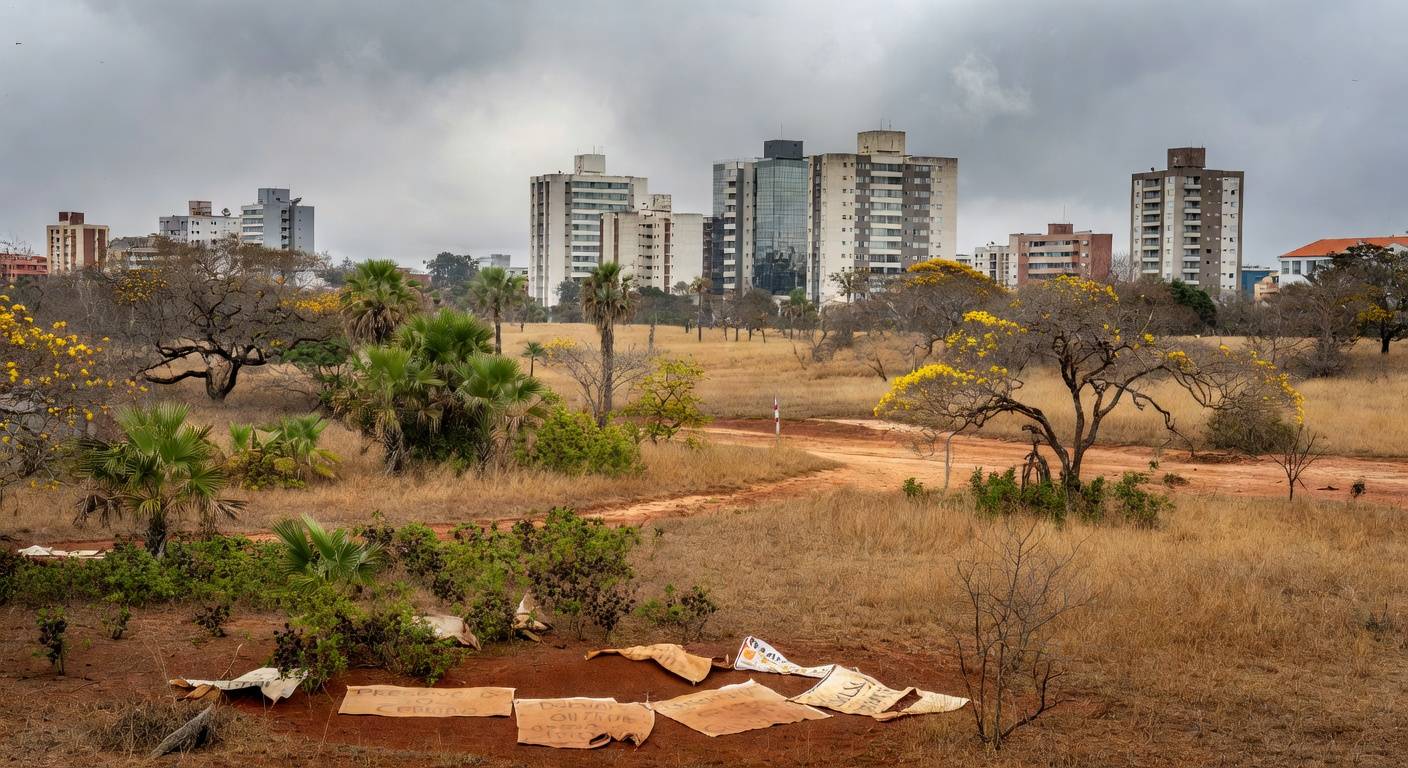 Reserva biológica no Guará ameaçada por pacote de salvamento do BRB, com faixas de protesto e vegetação do Cerrado.