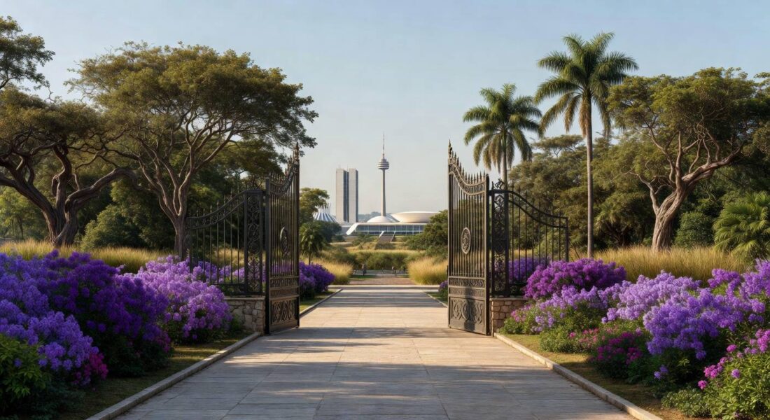 Entrada do Zoológico de Brasília com portões abertos em celebração ao Dia Internacional da Mulher, com decorações florais e vegetação do cerrado.