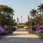 Entrada do Zoológico de Brasília com portões abertos em celebração ao Dia Internacional da Mulher, com decorações florais e vegetação do cerrado.