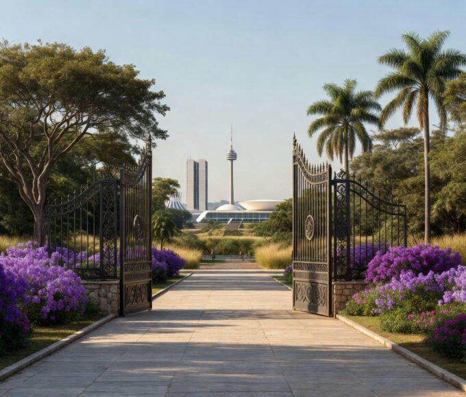 Entrada do Zoológico de Brasília com portões abertos em celebração ao Dia Internacional da Mulher, com decorações florais e vegetação do cerrado.