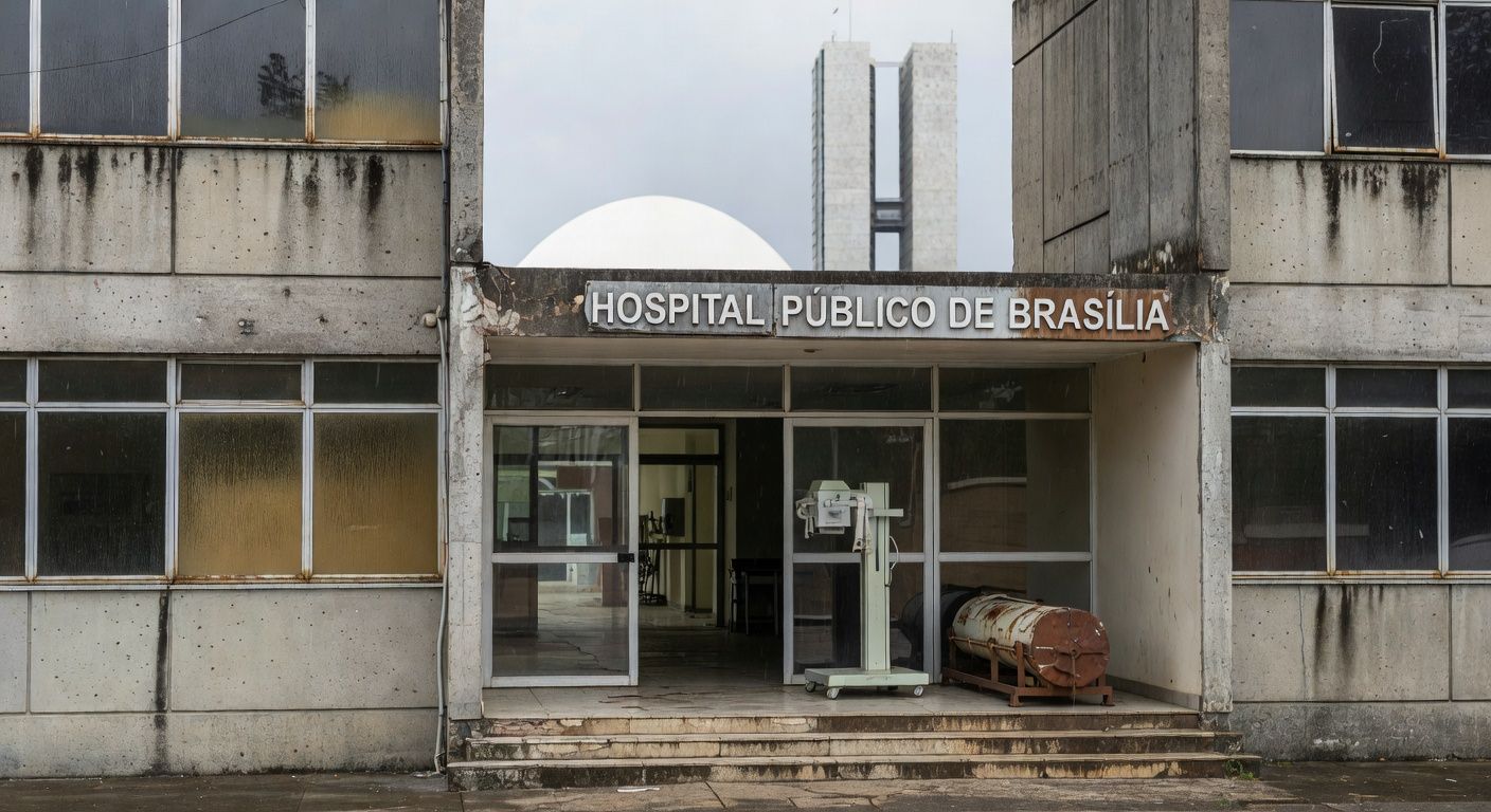 Hospital público em Brasília com fachada deteriorada e ambulâncias antigas, destacando falhas crônicas na saúde pública.