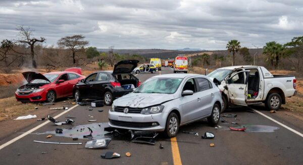 Acidente com quatro veículos na DF-150 em Sobradinho, deixando três feridos, com carros colididos na rodovia.