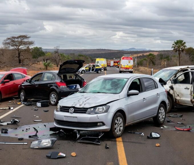 Acidente com quatro veículos na DF-150 em Sobradinho, deixando três feridos, com carros colididos na rodovia.