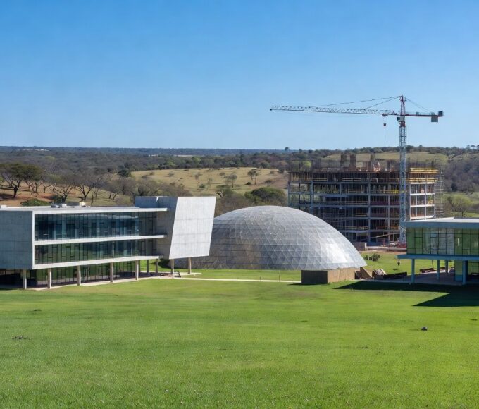 Campus universitário moderno em Brasília, representando crescimento em matrículas e investimentos educacionais.