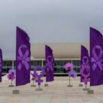 Edifício da CLDF em Brasília com símbolos da Semana da Mulher, destacando palestra simbólica e críticas à efetividade.