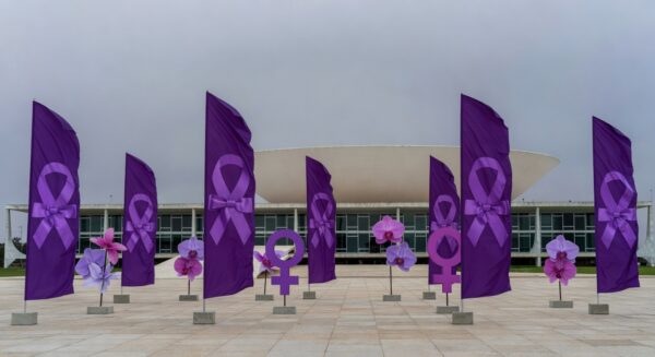 Edifício da CLDF em Brasília com símbolos da Semana da Mulher, destacando palestra simbólica e críticas à efetividade.