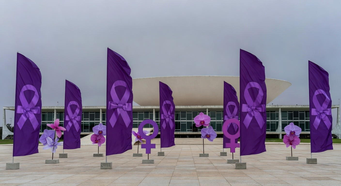 Edifício da CLDF em Brasília com símbolos da Semana da Mulher, destacando palestra simbólica e críticas à efetividade.