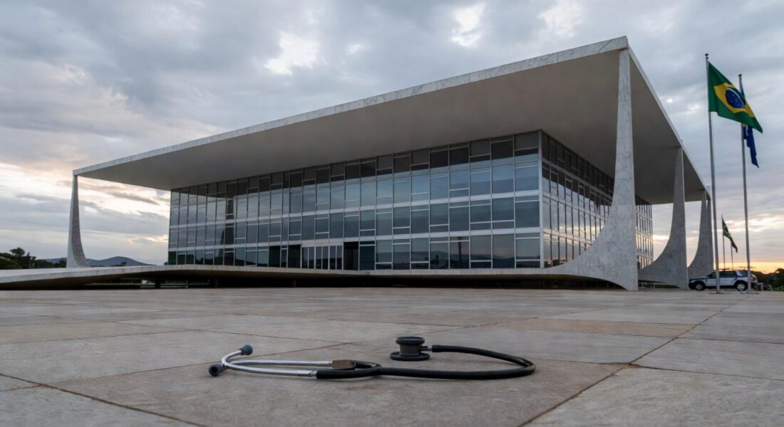 Fachada da CLDF em Brasília com símbolos de saúde e segurança, representando impasse em debates.