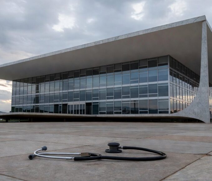Fachada da CLDF em Brasília com símbolos de saúde e segurança, representando impasse em debates.