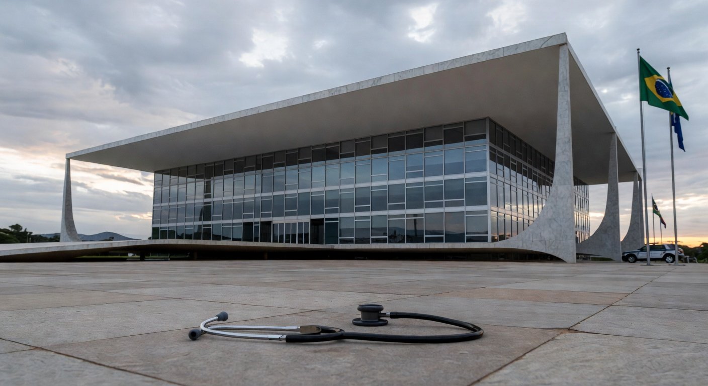 Fachada da CLDF em Brasília com símbolos de saúde e segurança, representando impasse em debates.