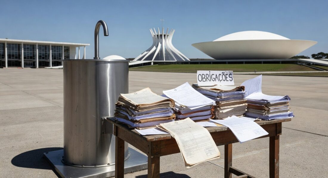 Bebedouro em evento em Brasília com documentos burocráticos, representando nova lei da CLDF sobre obrigações em eventos.