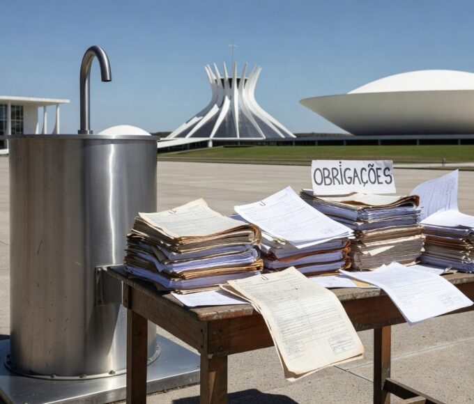 Bebedouro em evento em Brasília com documentos burocráticos, representando nova lei da CLDF sobre obrigações em eventos.