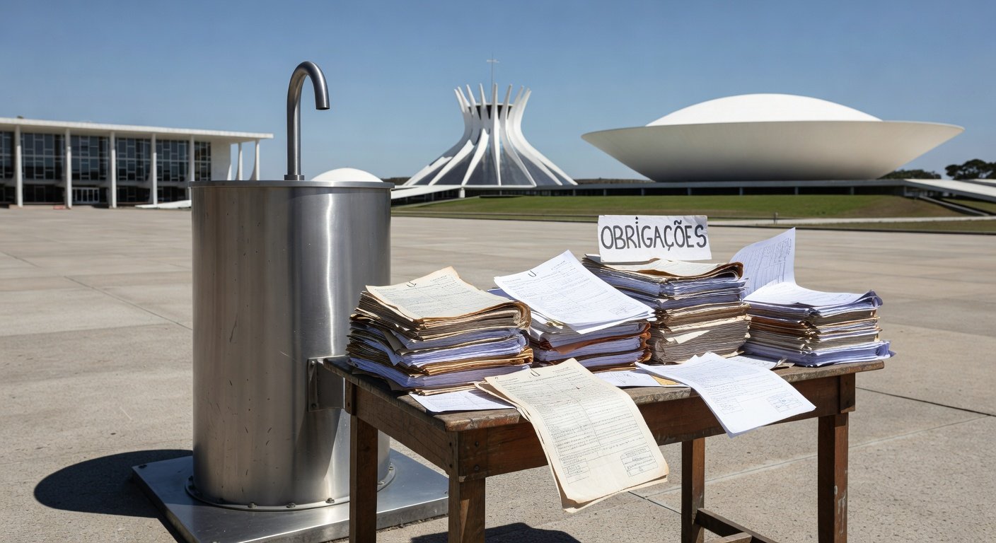 Bebedouro em evento em Brasília com documentos burocráticos, representando nova lei da CLDF sobre obrigações em eventos.