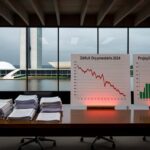 Documentos fiscais com gráficos de declínio no Distrito Federal, representando vulnerabilidades do 3º quadrimestre de 2025 na CLDF.